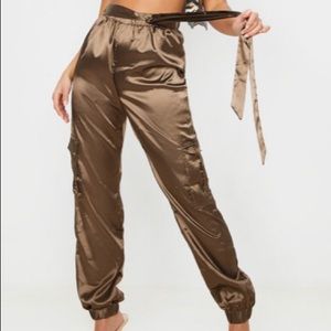 Petite Khaki Satin Cargo Pants